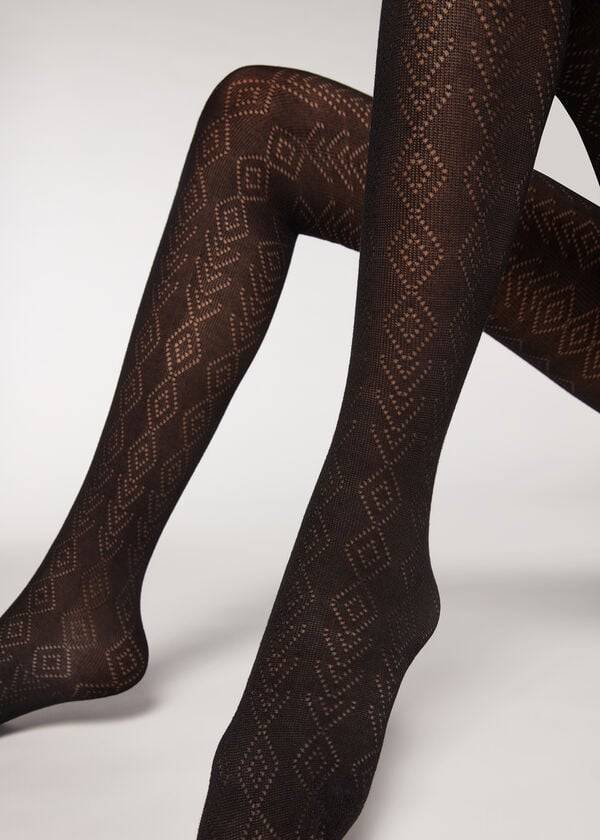 Mallas Calzedonia Diamond Pattern with Cashmere Patterned Mujer Negros | MX3098AP