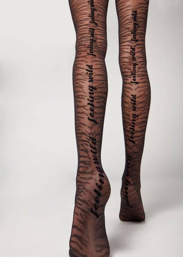 Mallas Calzedonia Flocked Tiger Text 50 Denier Patterned Mujer Negros | MX3094GL