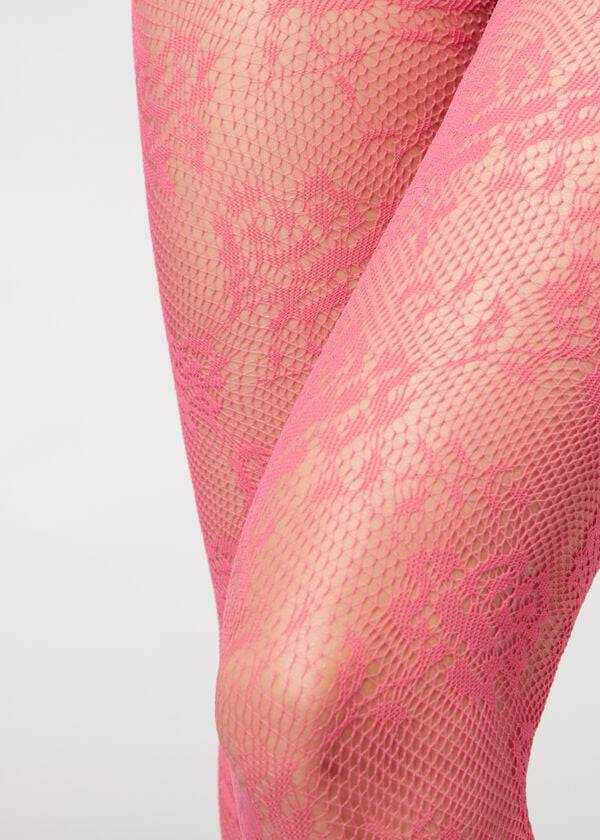 Mallas Calzedonia Floral Encaje-Motif Fishnet Patterned Mujer Rosas | MX3091KI