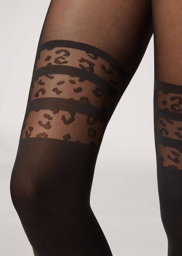 Mallas Calzedonia Longuette-Effect Animal-Print Patterned Mujer Negros | MX3081WY