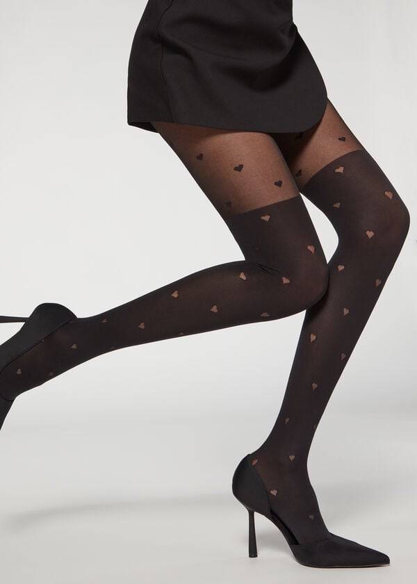 Mallas Calzedonia Longuette-Effect Mini Heart-Motif Patterned Mujer Negros | MX3080EX