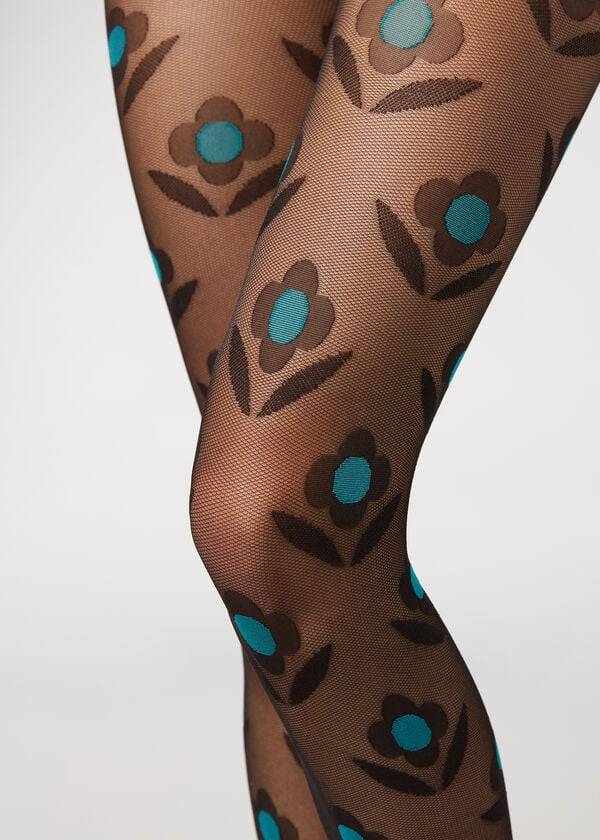 Mallas Calzedonia Macro Daisy Micronet Patterned Mujer Negros Azules | MX3078TV