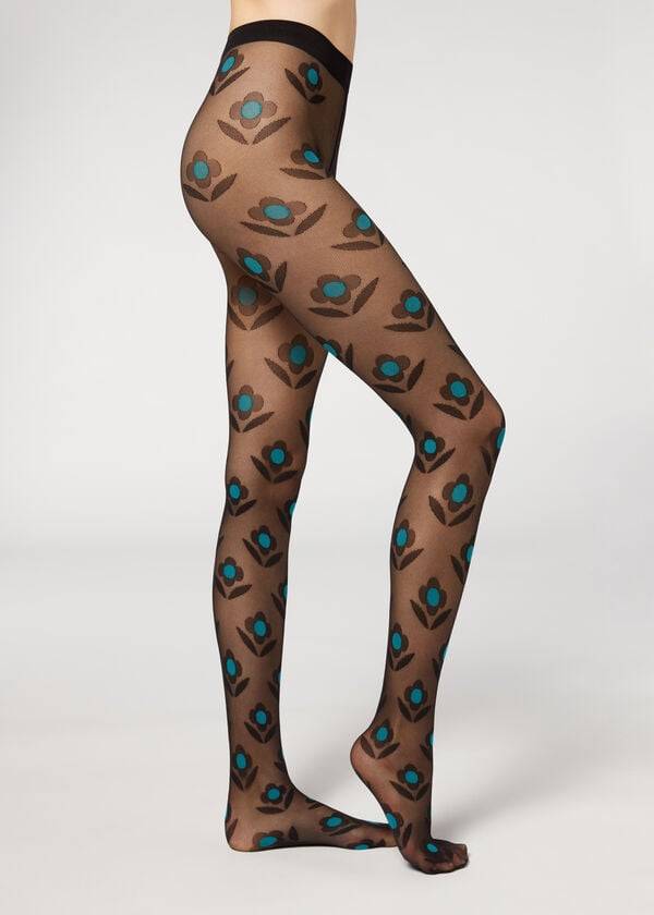 Mallas Calzedonia Macro Daisy Micronet Patterned Mujer Negros Azules | MX3078TV