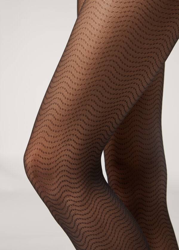 Mallas Calzedonia Wave-Motif Micronet Patterned Mujer Negros | MX3058UT