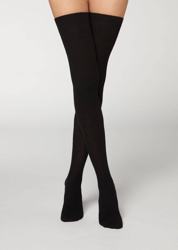 Medias Calzedonia Thigh High Socks with Open Knit Lana Mujer Negros | MX2921WY