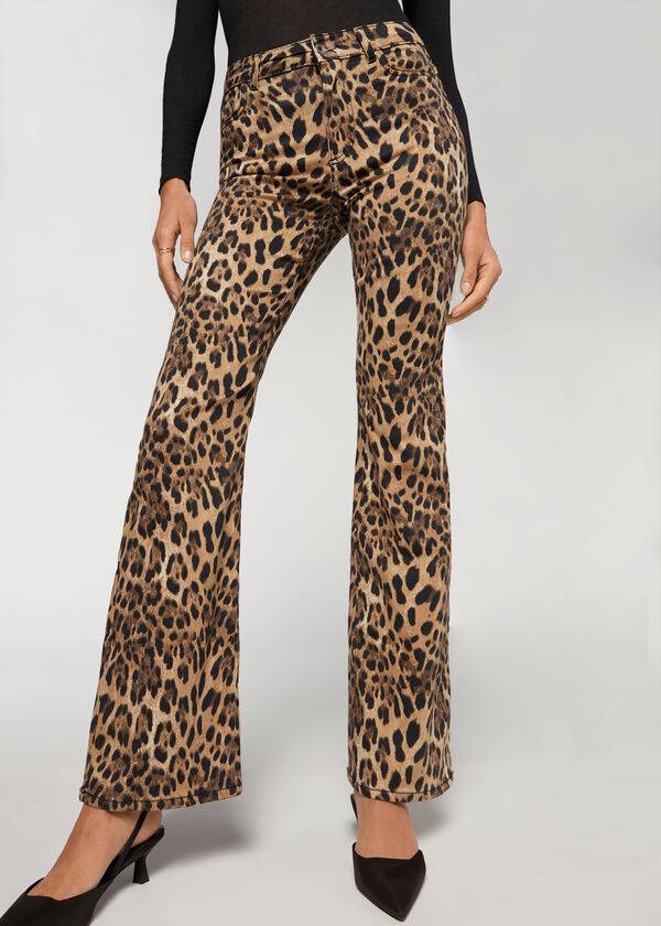 Pantalones Calzedonia Animal Print Flared Mujer Marrom | MX1478NB