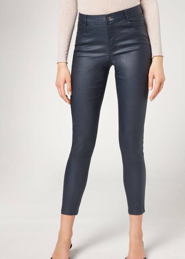 Pantalones Calzedonia Faux Cuero Flaco Mujer Azul Marino | MX1463PQ