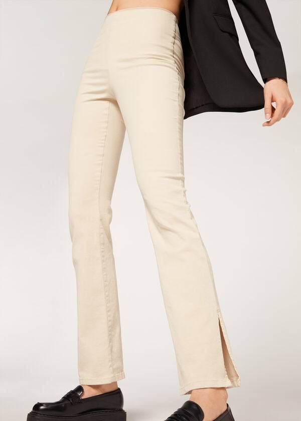 Pantalones Calzedonia High-Cintura Flared in Denim with Slits Mujer Marrom Beige | MX1459YU