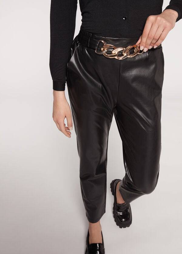 Pantalones Calzedonia Thermal Coated Effect with Chain Trim Mujer Negros | MX1449CE