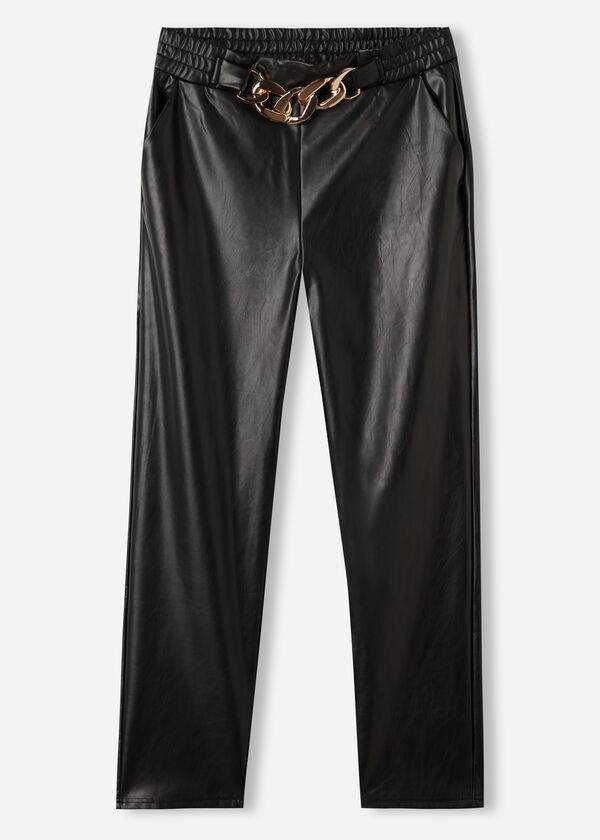 Pantalones Calzedonia Thermal Coated Effect with Chain Trim Mujer Negros | MX1449CE