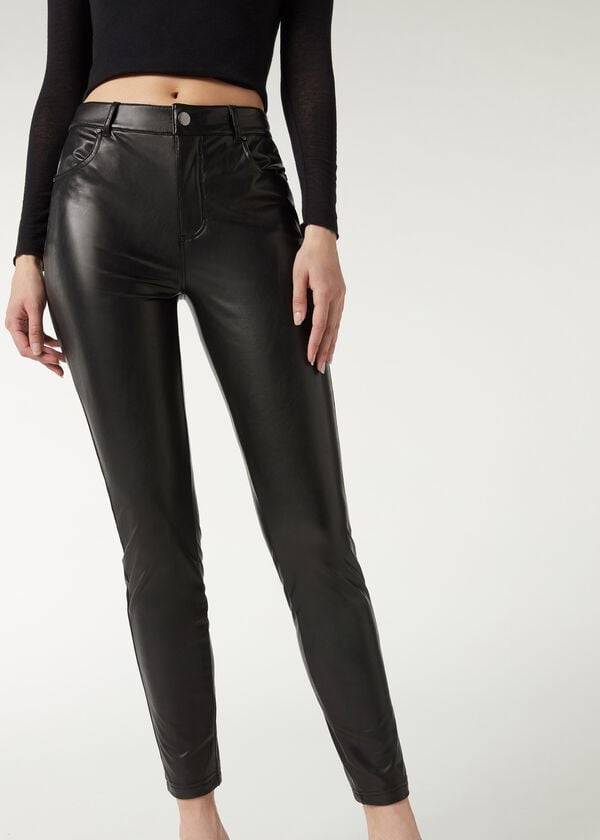 Pantalones Calzedonia Thermal leather-effect Mujer Negros | MX1448XF